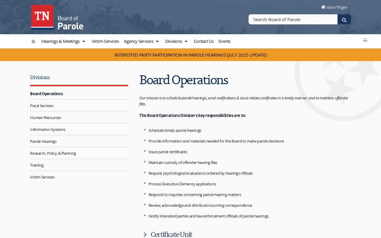 Cocke County parole record access through Tennessee Board Operations