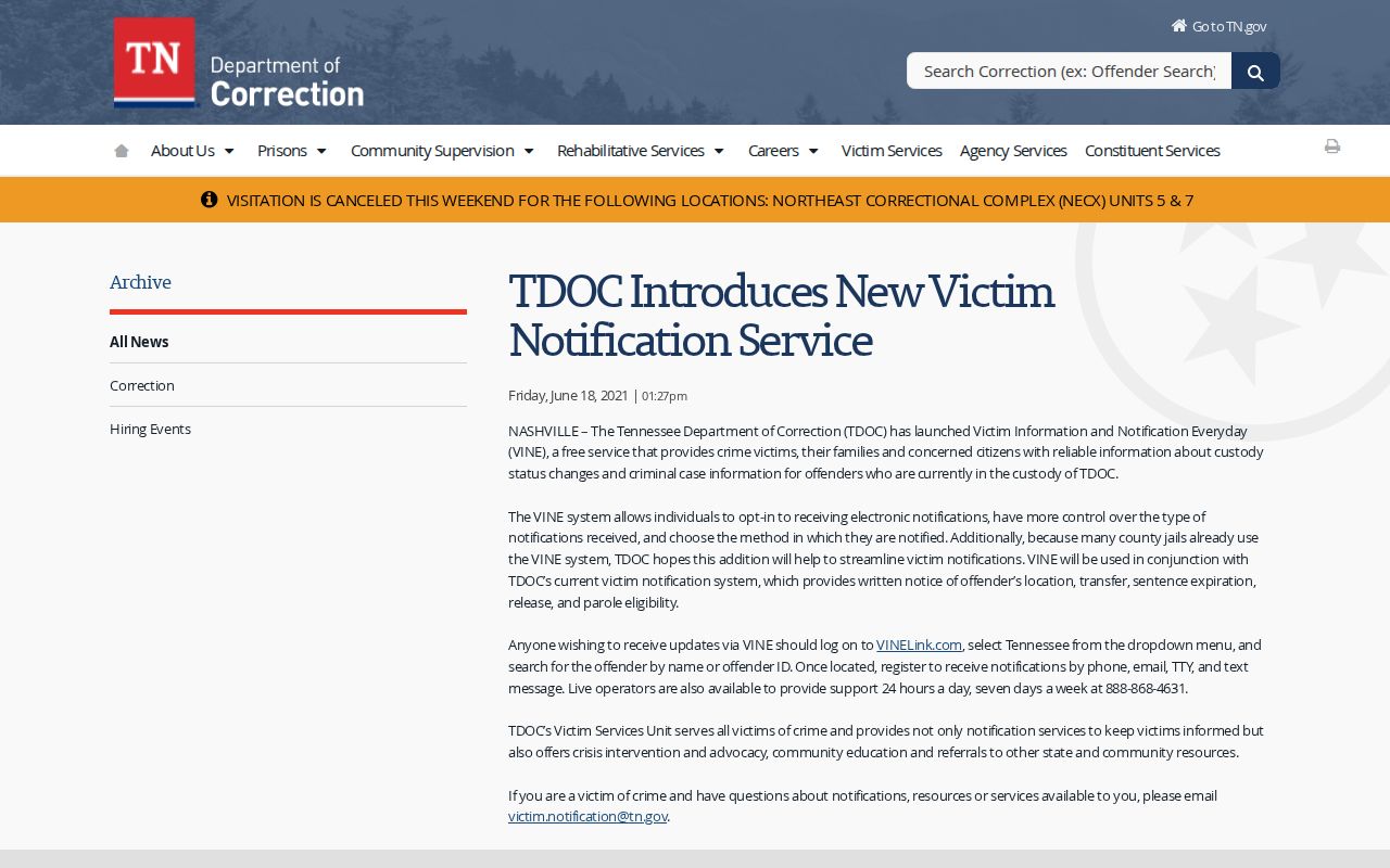 Cocke County VINELink release notification information from TDOC